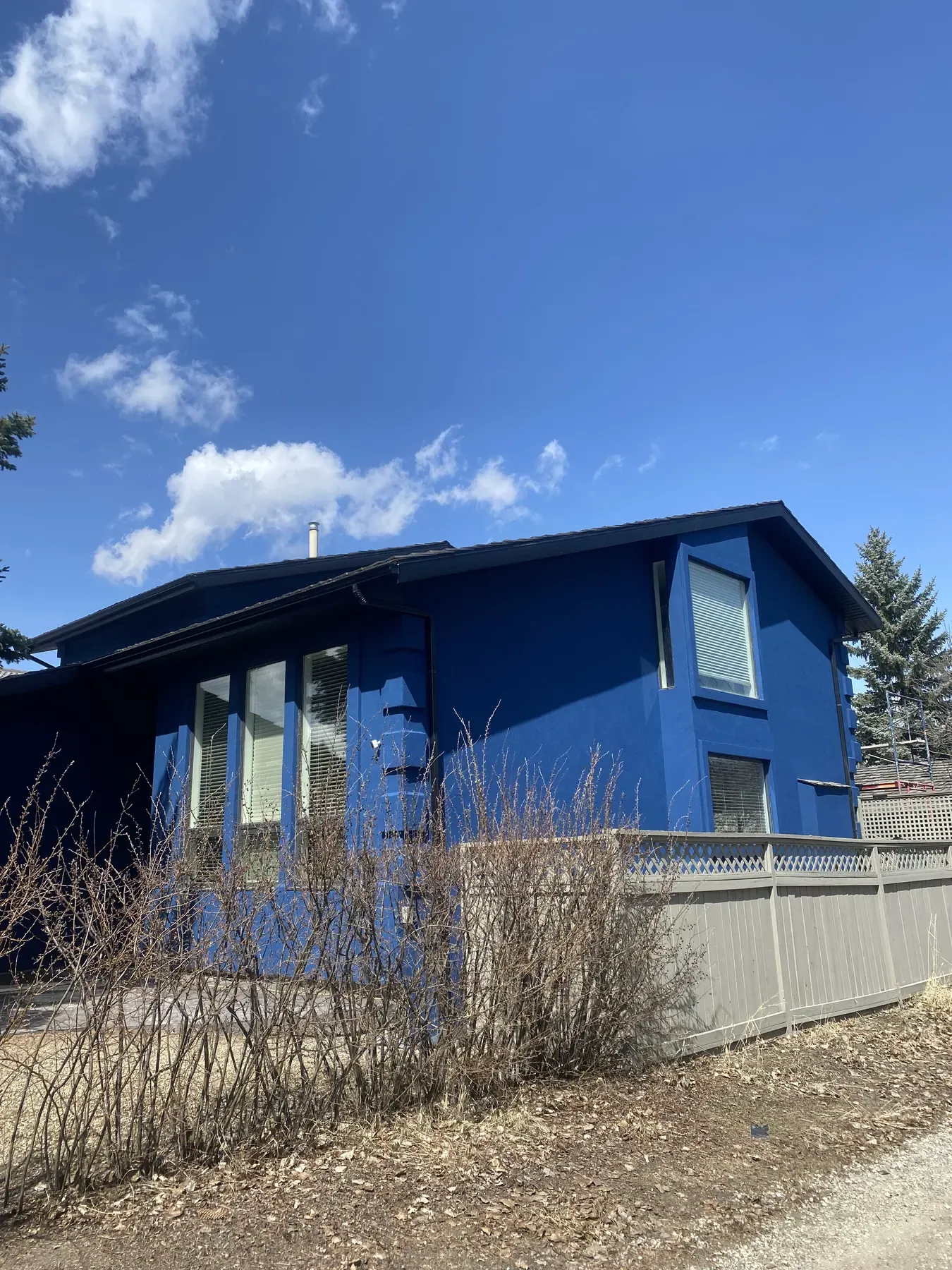 Two-storey home finished in bright blue stucco, seen from the back lane