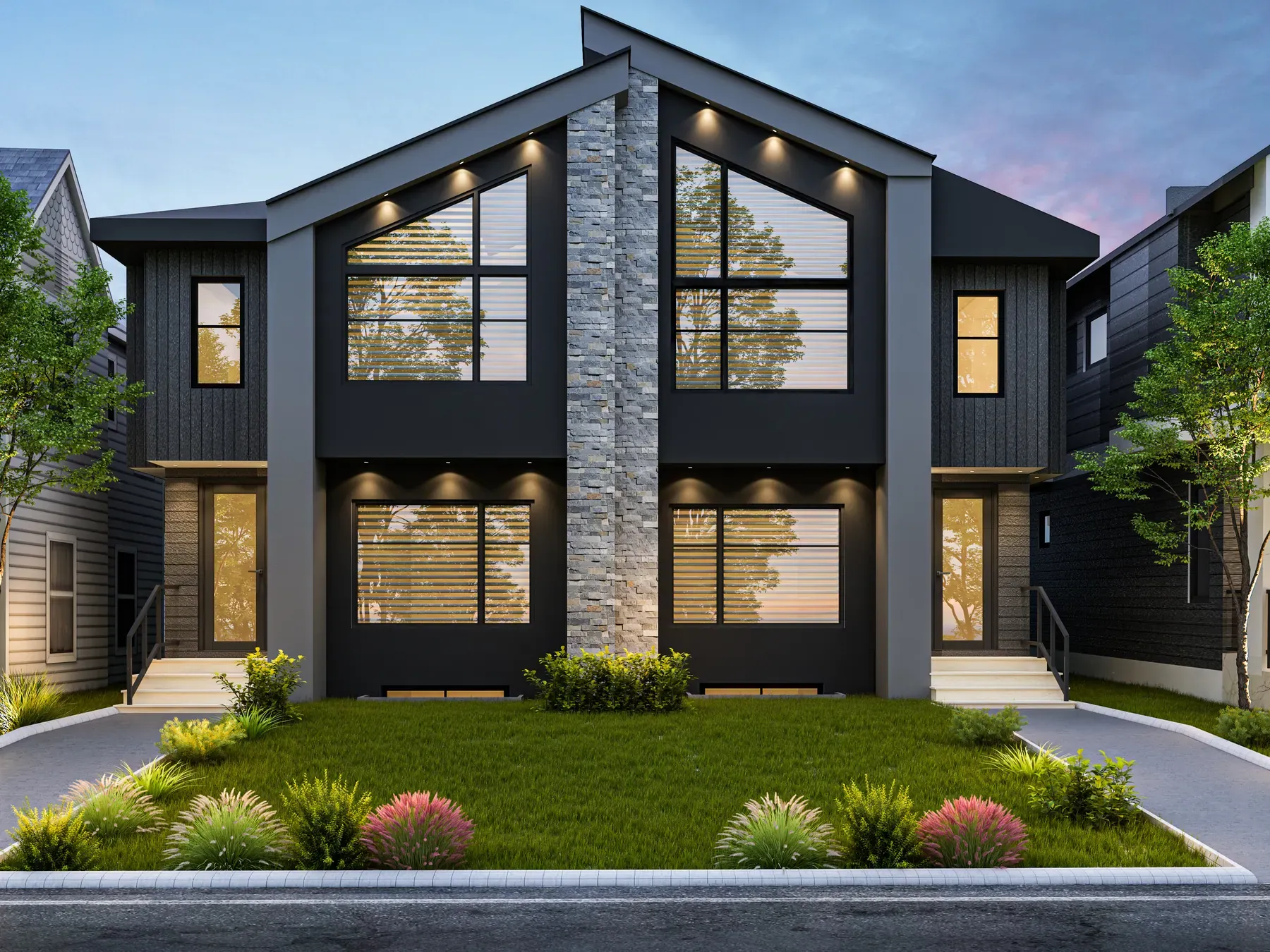 Design rendering of a modern infill duplex with black board and batten siding, a stacked stone centre column and two front gables