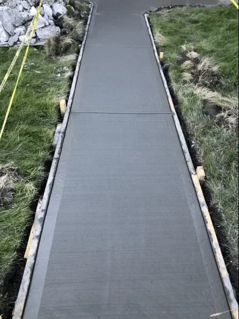 Freshly poured concrete sidewalk between wooden forms with a broom finish and control joints